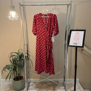 NWT Bobeau size LP red/pink polka dot flow sleeves wrap dress